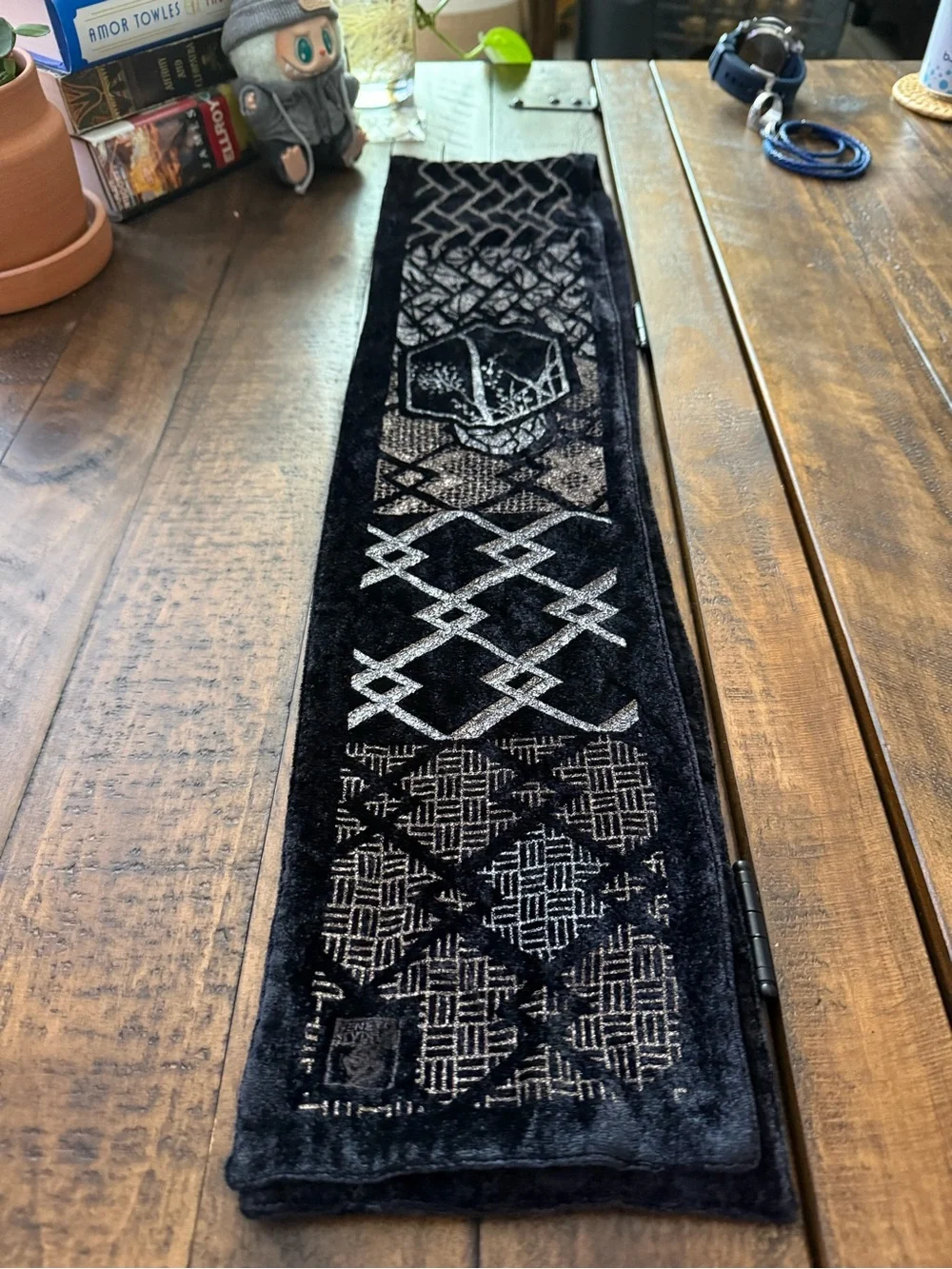 Venetia Stvdivm Black Velvet Scarf with Silver and Gold Geometric Design